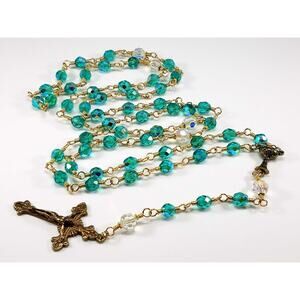 Handmade Teal Czech Crystal Rosary Vintage Swarovski Brass 31"
